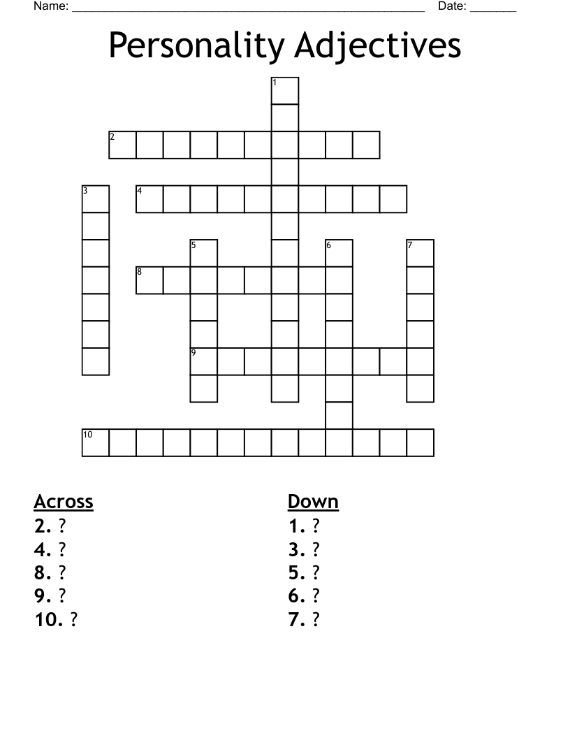Personality Adjectives Crossword
