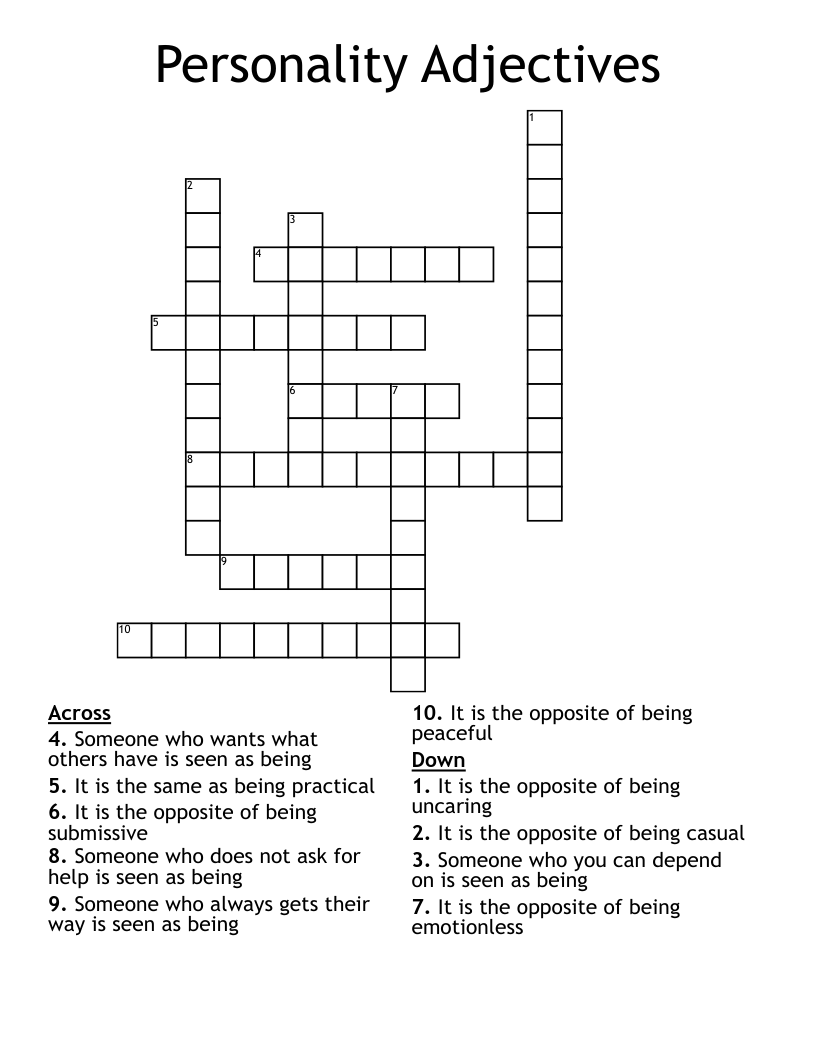Personality Adjectives Crossword