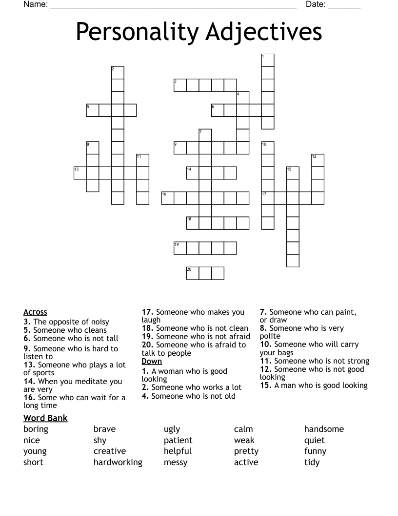 Personality Adjectives Crossword