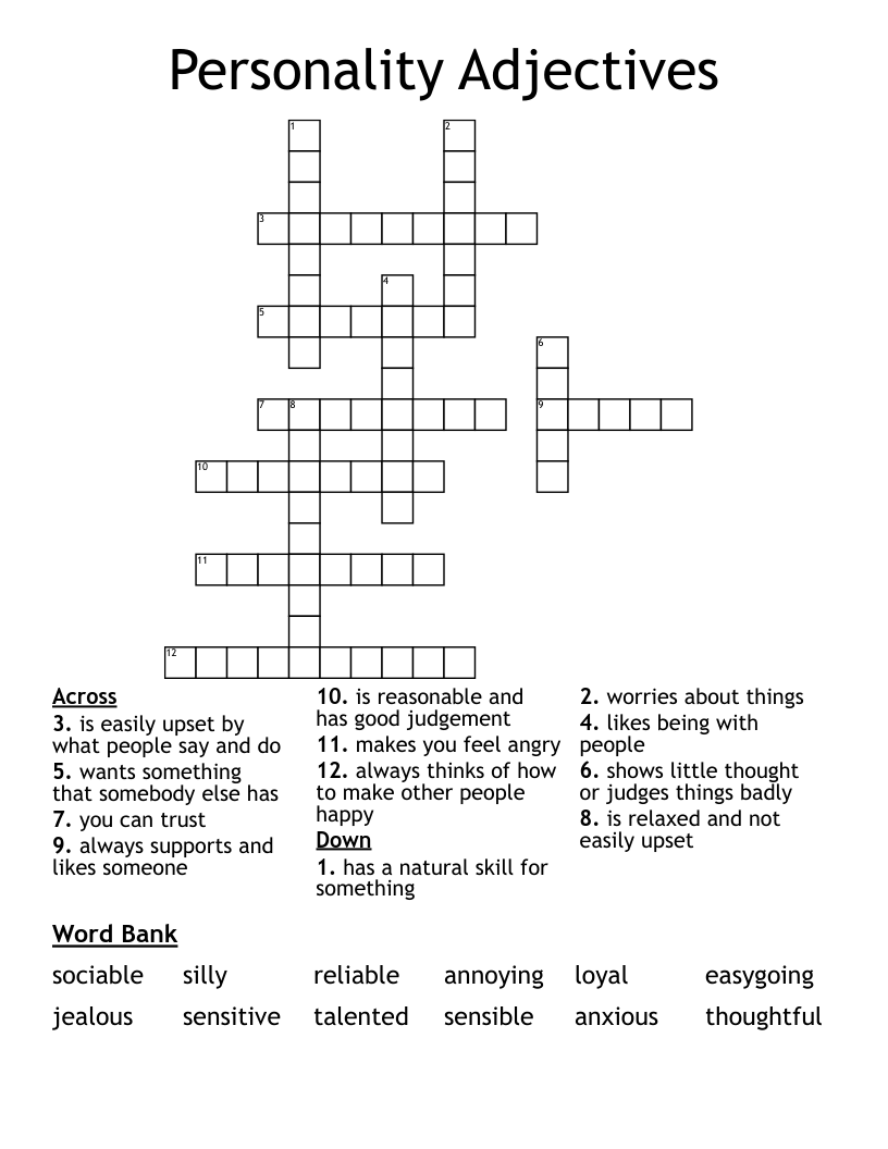 Personality Adjectives Crossword