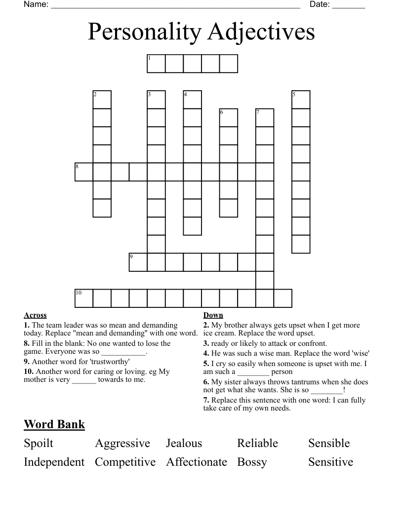 Personality Adjectives Crossword