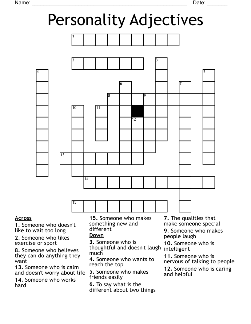 Personality Adjectives Crossword