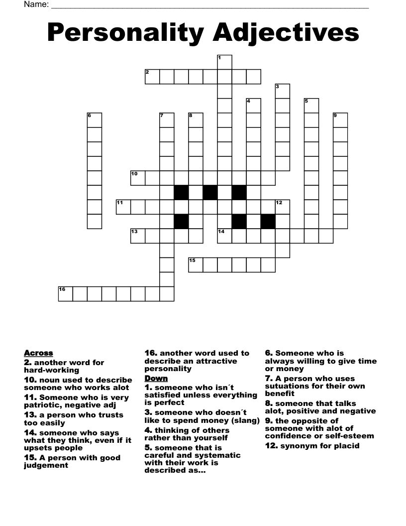 Personality Adjectives Crossword