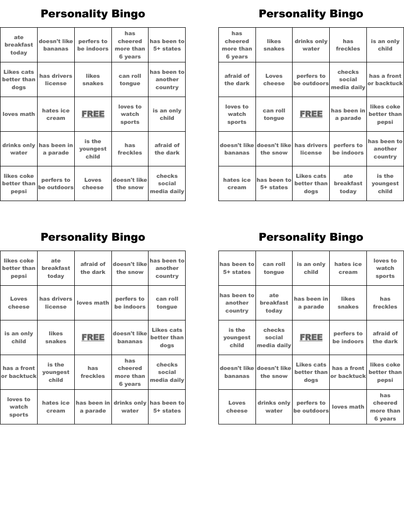 Personality Bingo