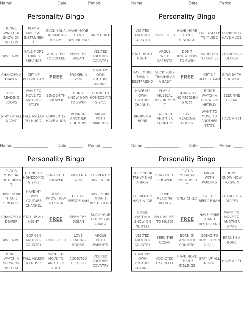 Personality Bingo