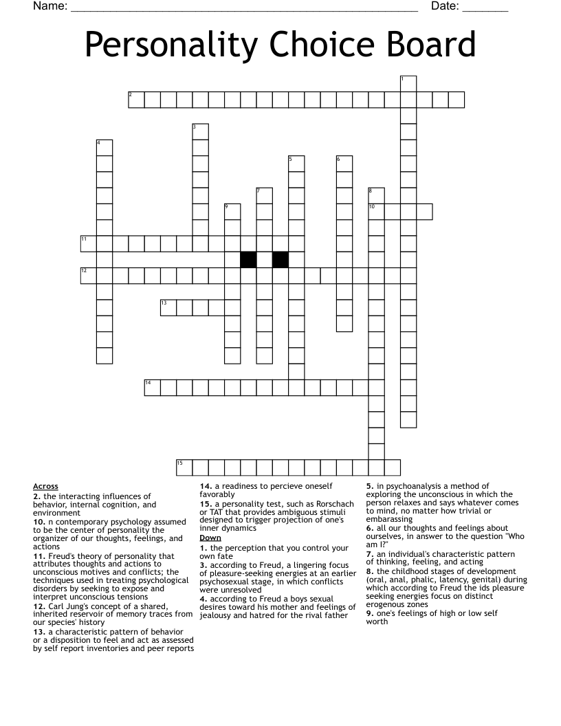 Personality Choice Board Crossword