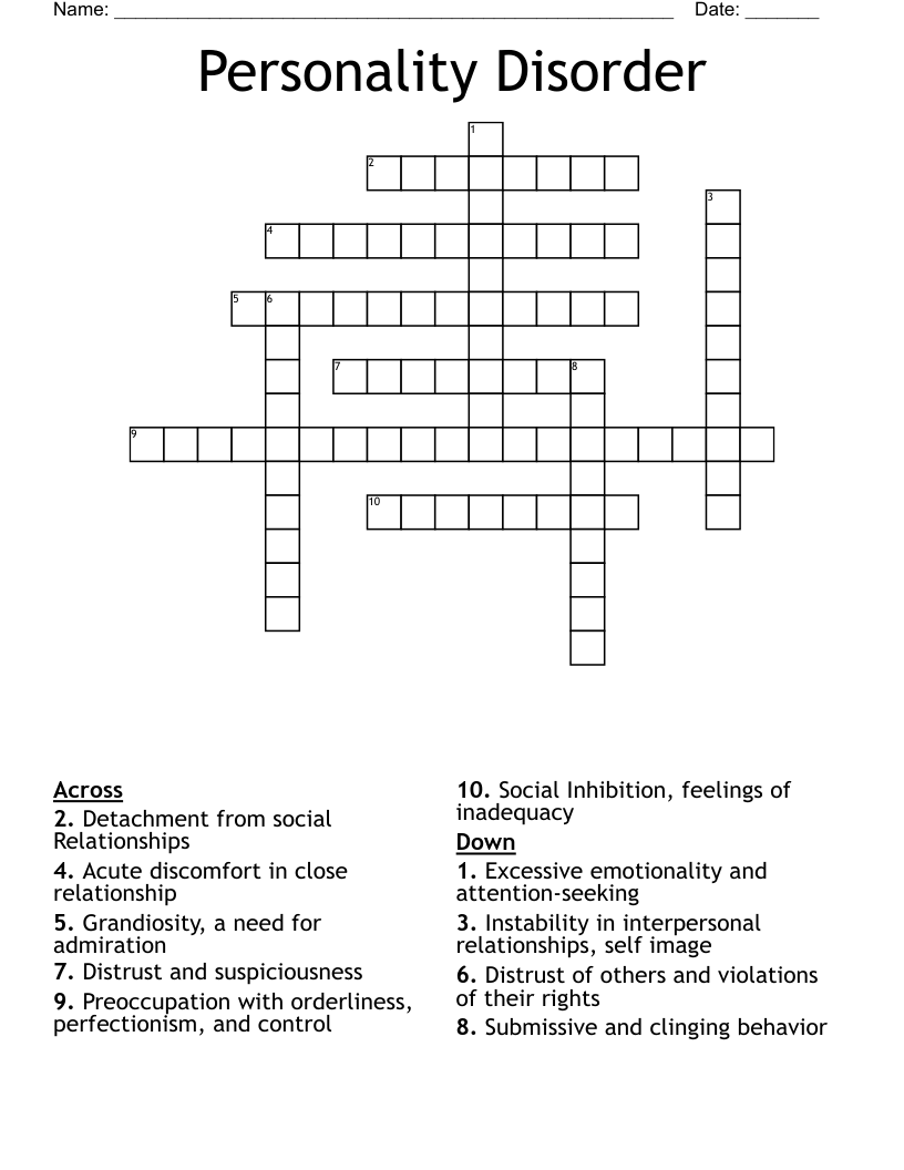 Personality Disorder Crossword