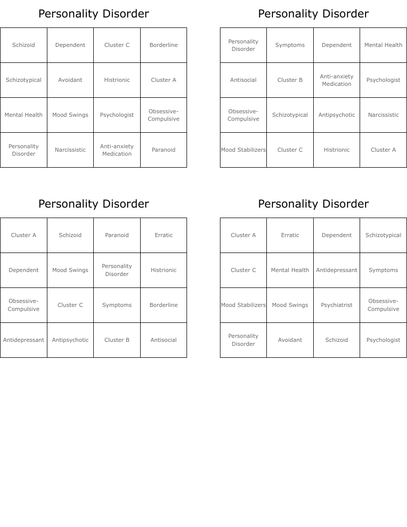 Personality Disorder Bingo Cards