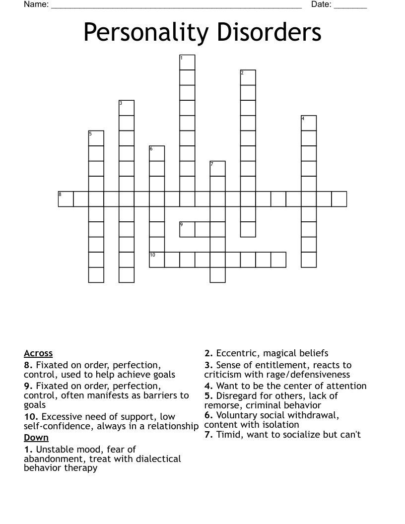 Personality Disorders Crossword