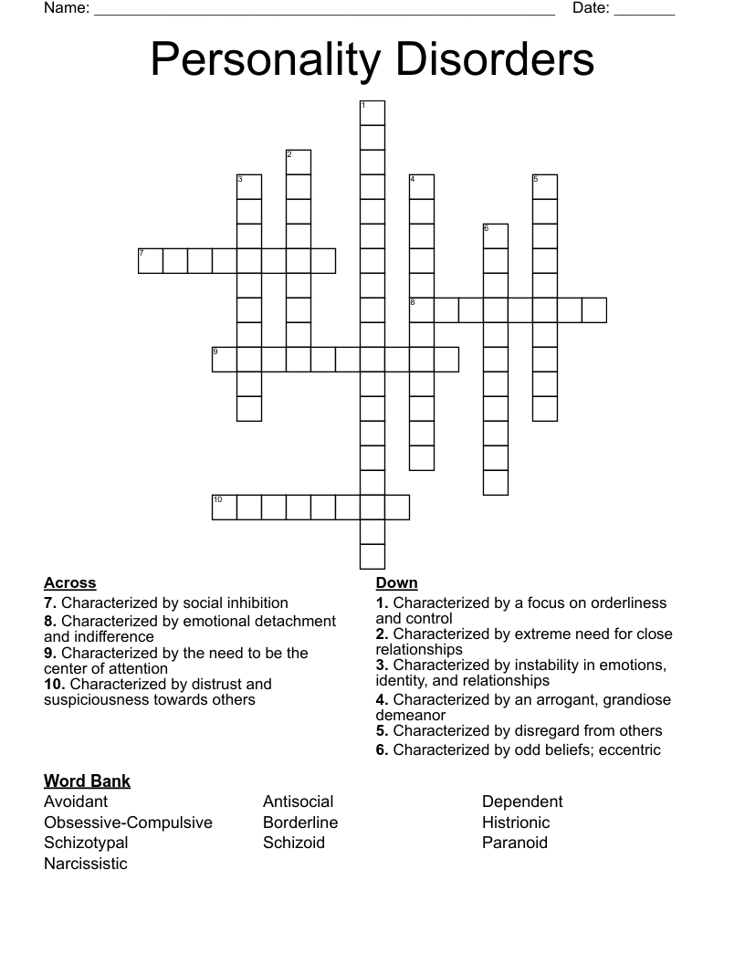 Personality Disorders Crossword