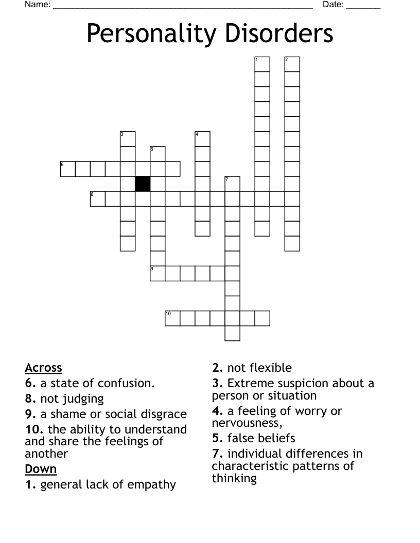 Personality Disorders Crossword