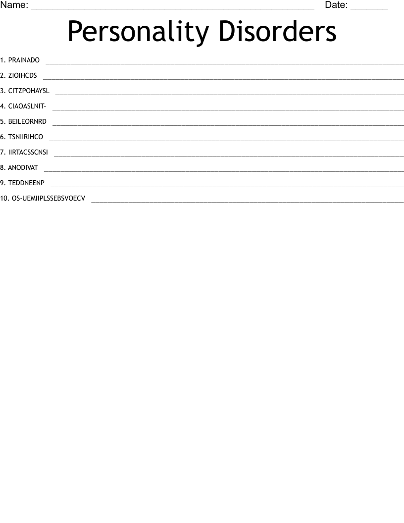 Personality Disorders Word Scramble