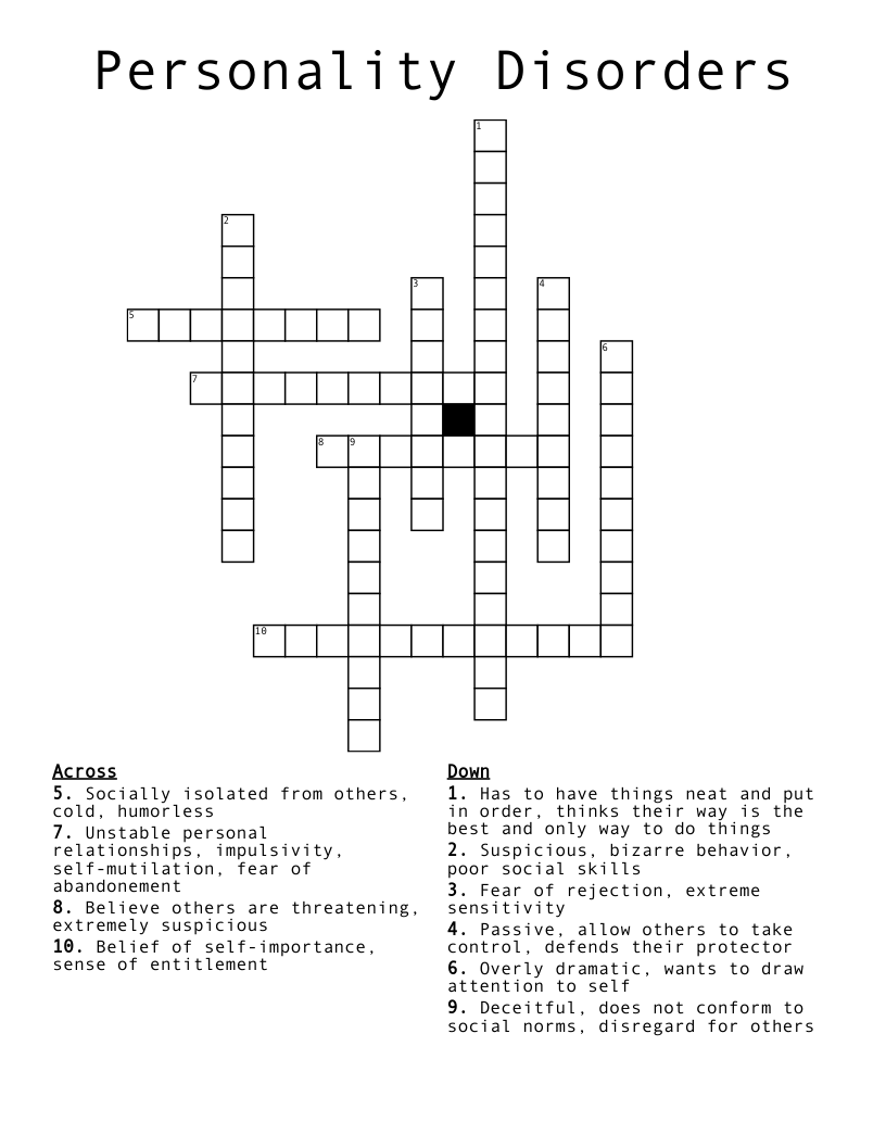 Personality Disorders Crossword