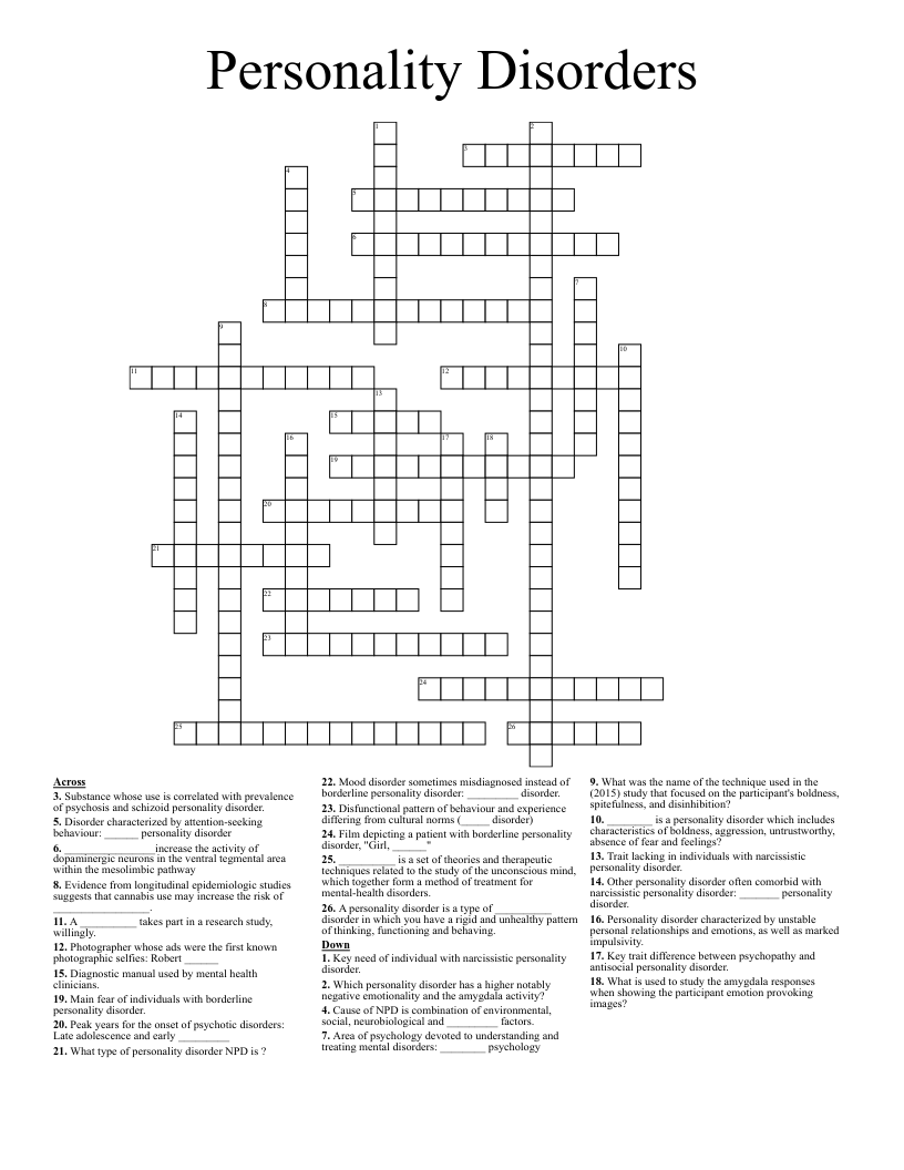 Personality Disorders Crossword