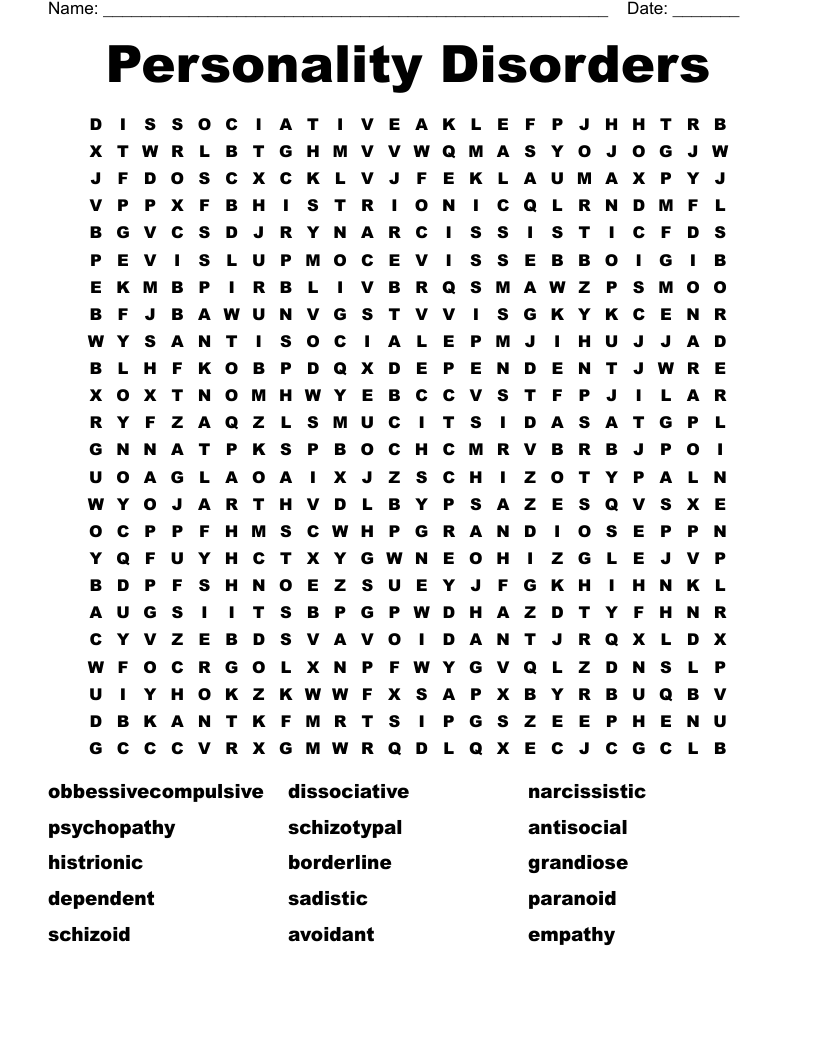 Personality Disorders  Word Search