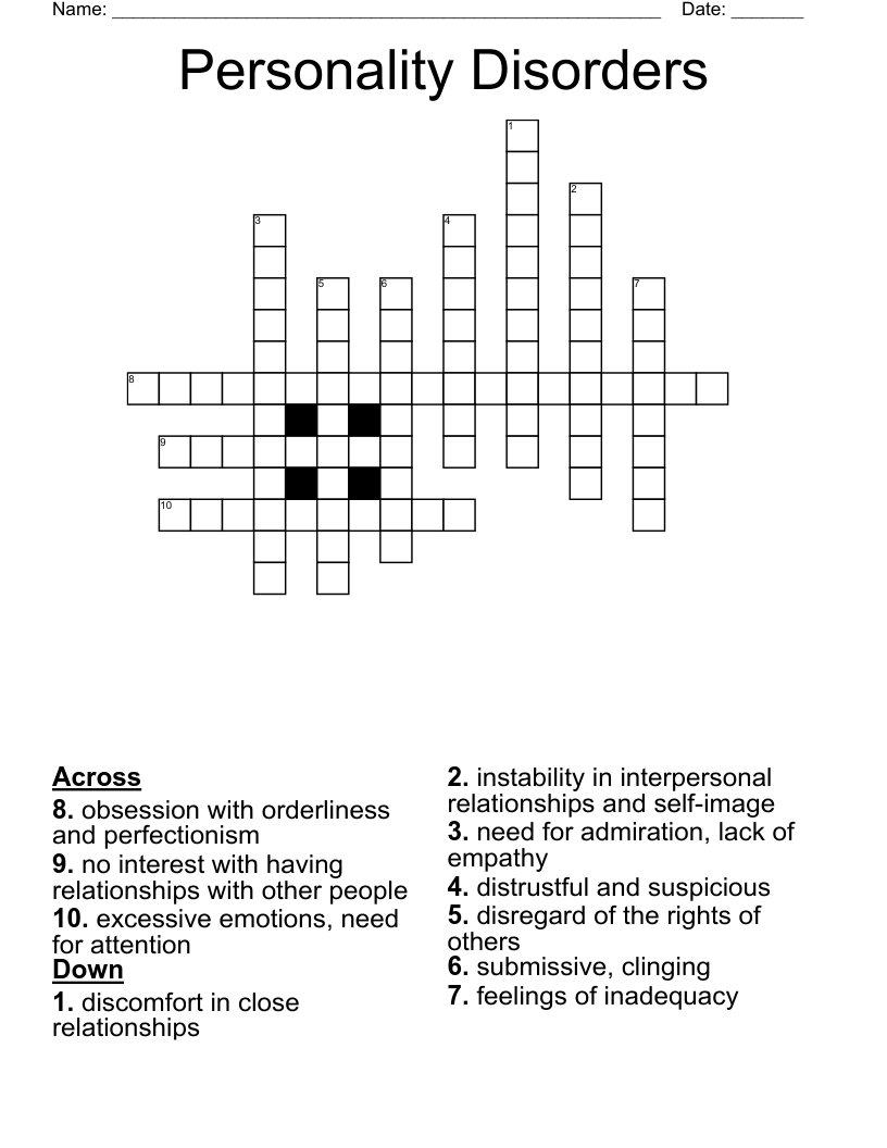 Personality Disorders  Crossword