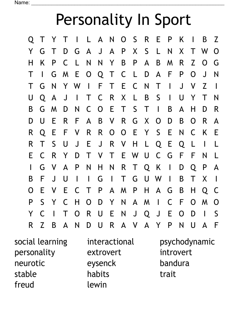 Personality In Sport  Word Search