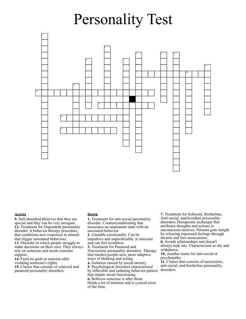 Personality Test Crossword