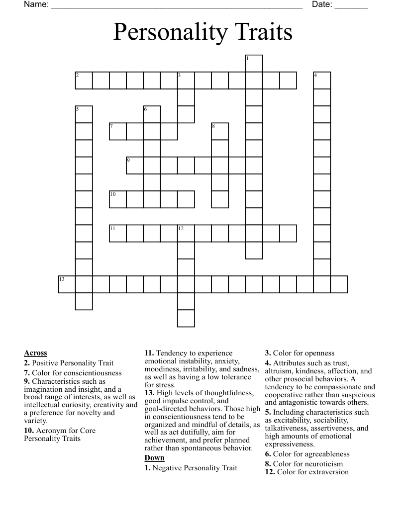 Personality Traits Crossword