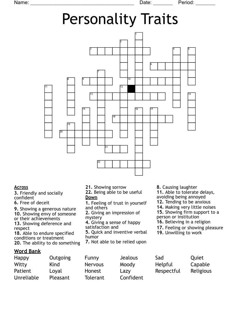 Personality Traits Crossword