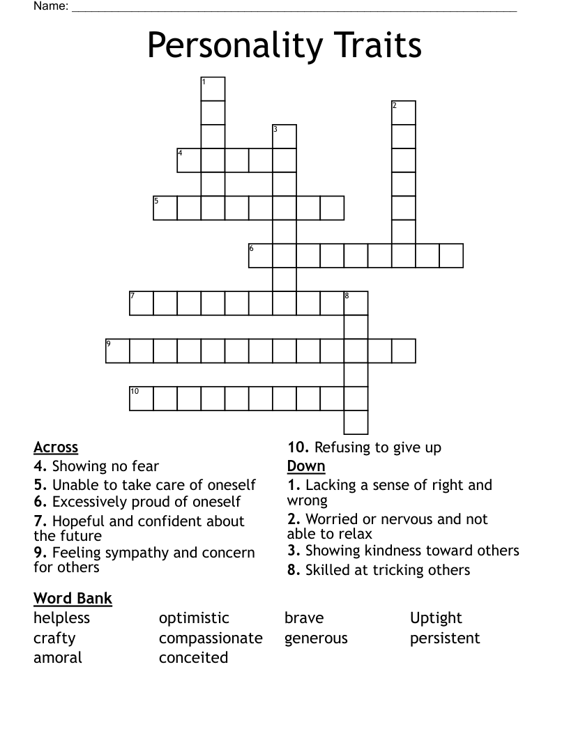 Personality Traits Crossword