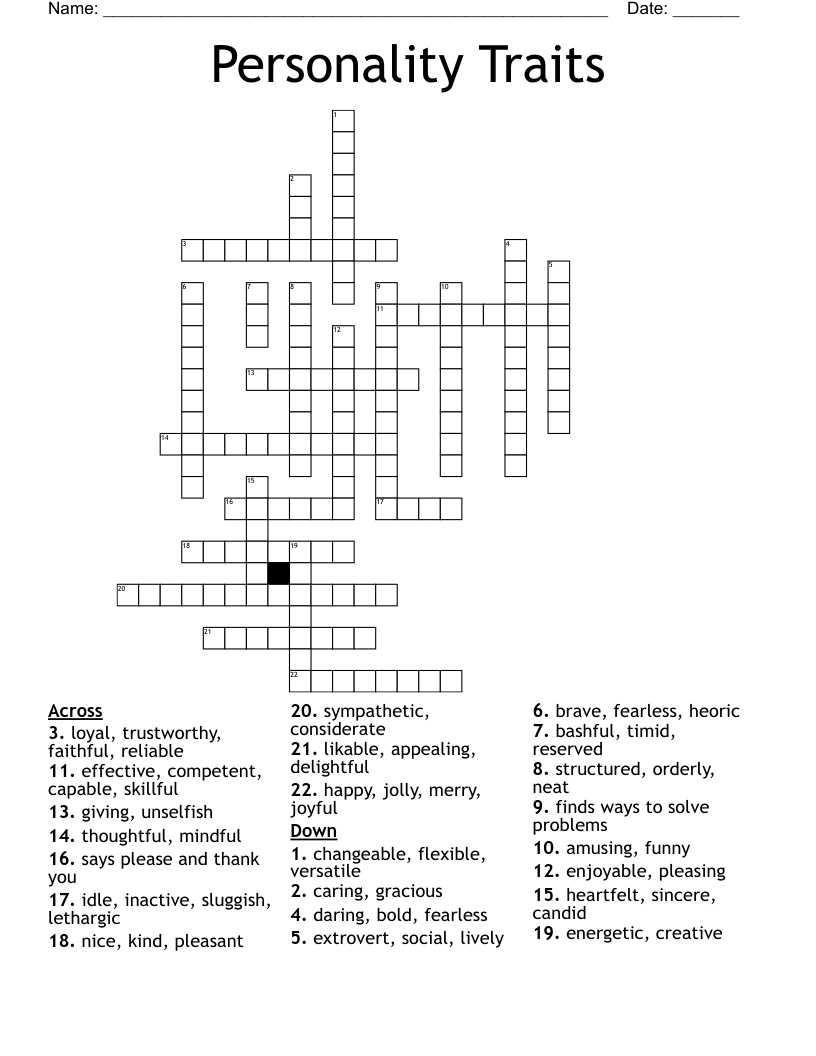 Personality Traits Crossword
