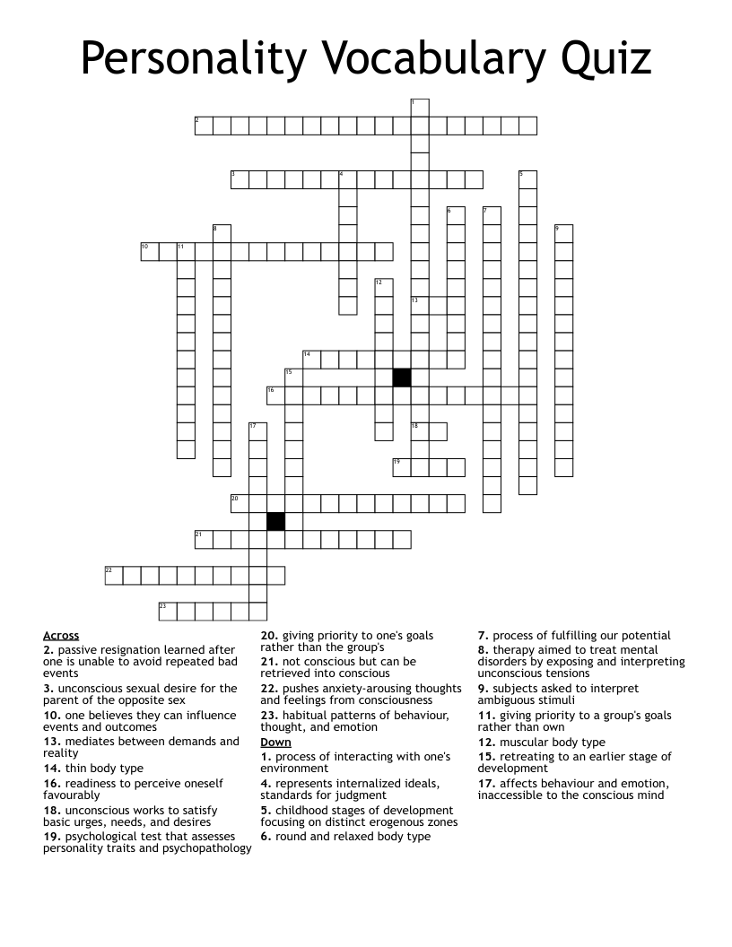Personality Vocabulary Quiz Crossword