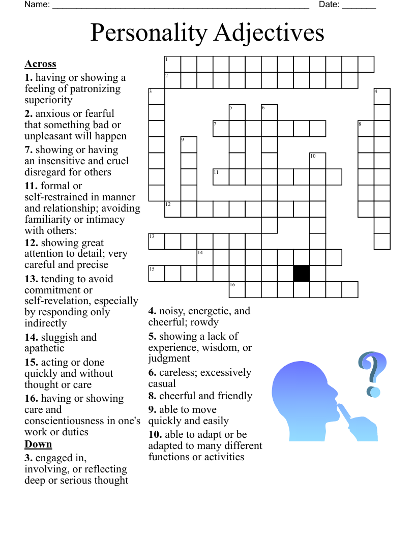 Personality Adjectives Crossword