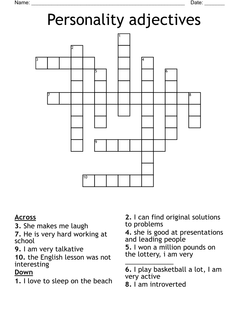 Personality adjectives Crossword