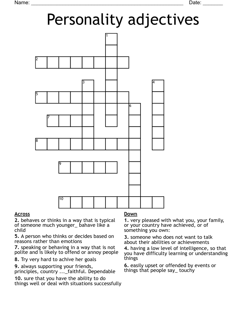 Personality adjectives Crossword