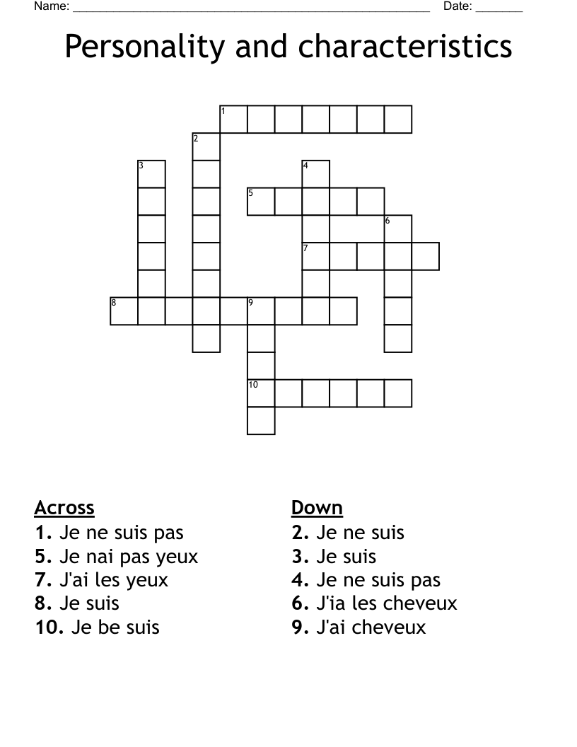 Personality and characteristics  Crossword