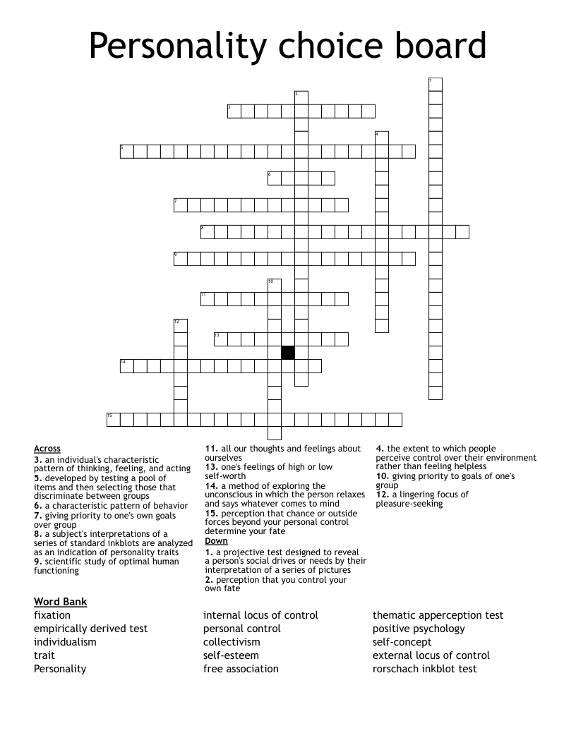 Personality choice board Crossword
