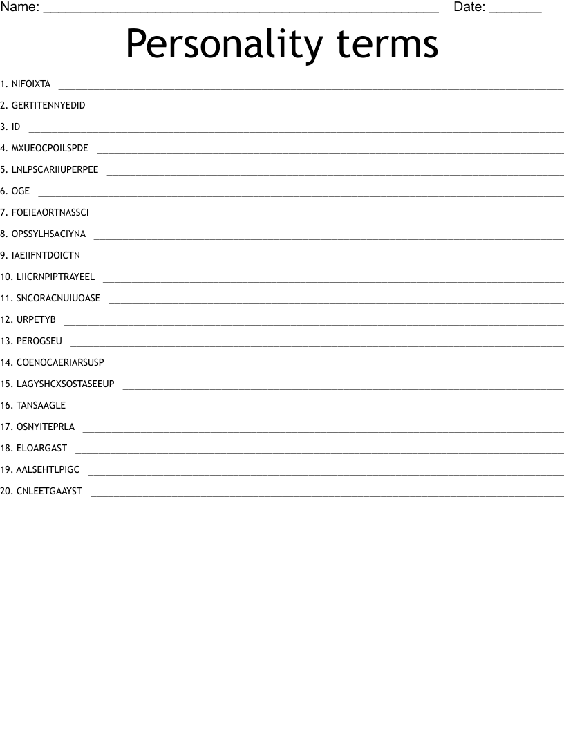 Personality terms  Word Scramble