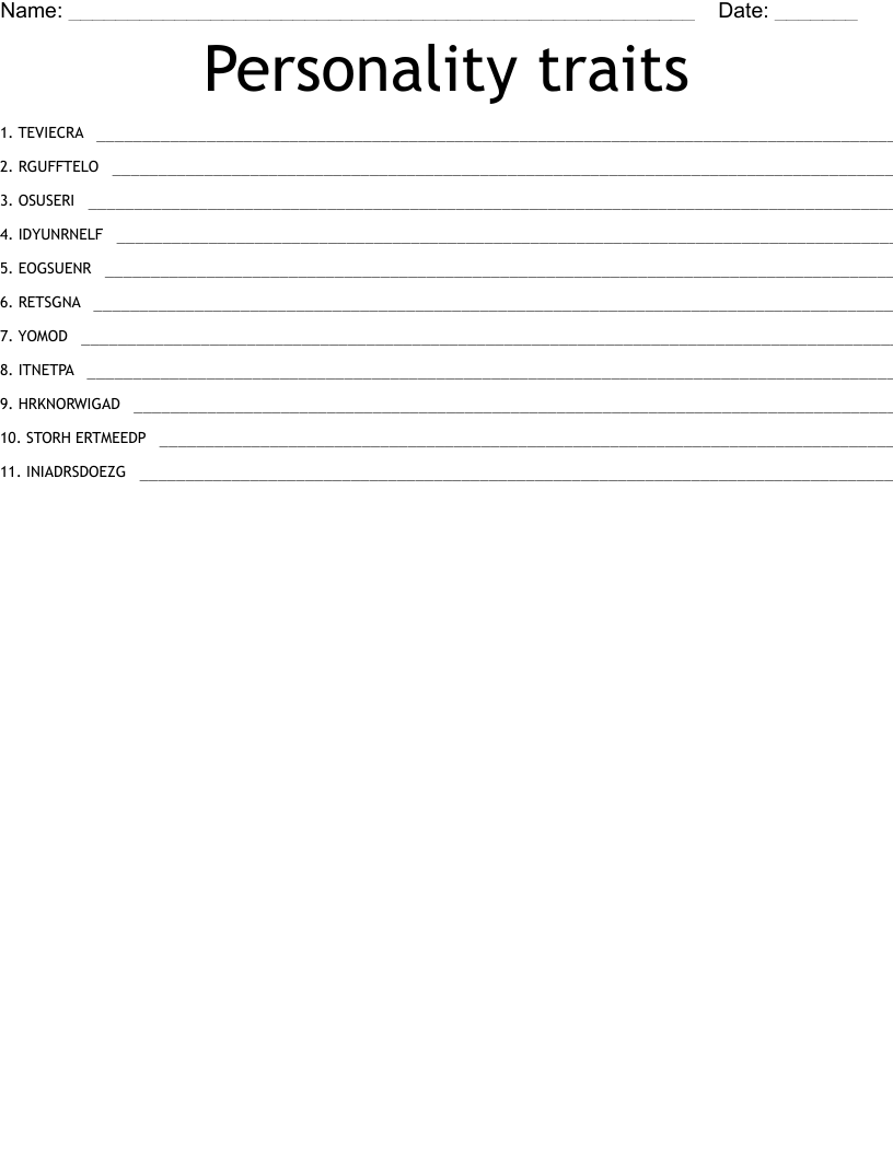 Personality traits  Word Scramble