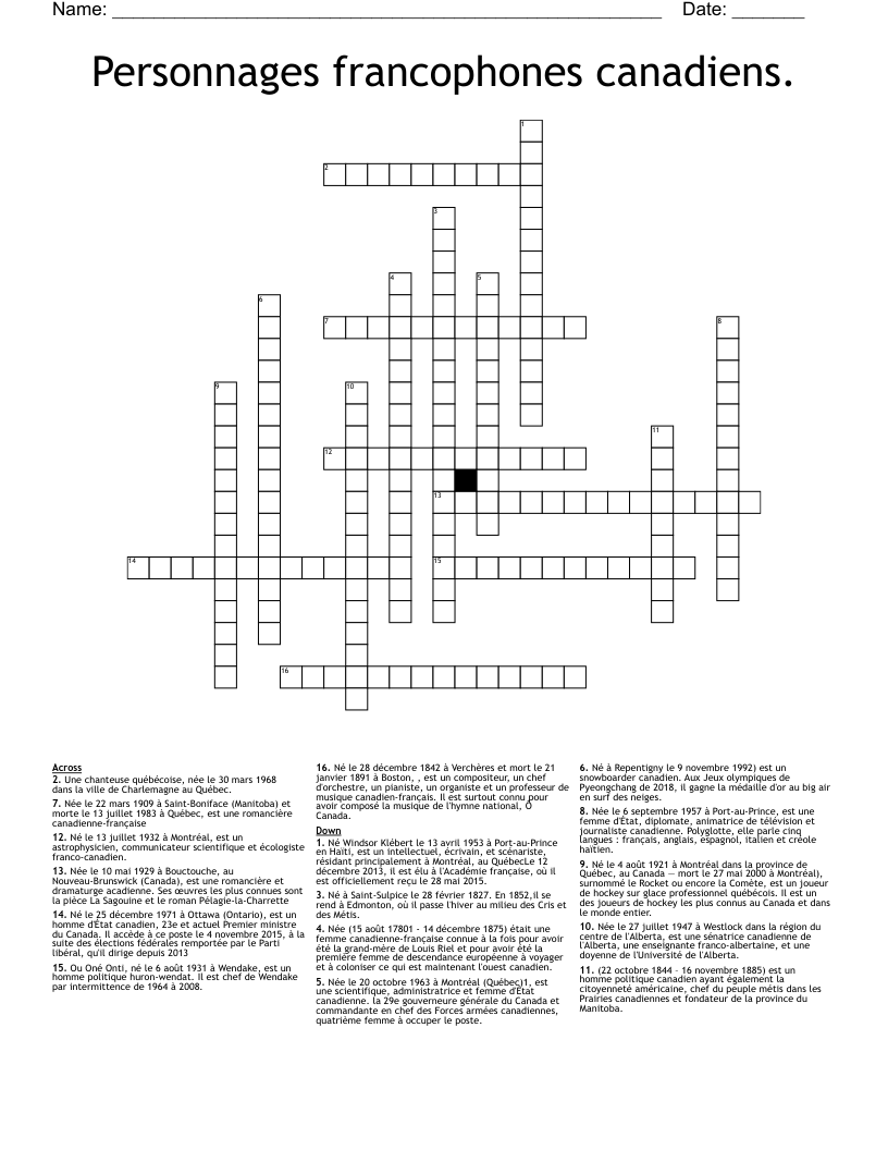 Personnages francophones canadiens. Crossword