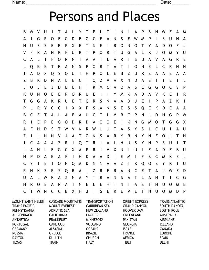 Persons and Places Word Search