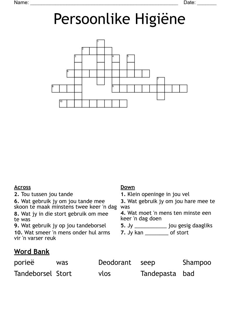 Persoonlike Higiëne Crossword