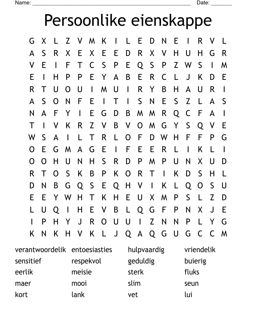 Persoonlike eienskappe Word Search