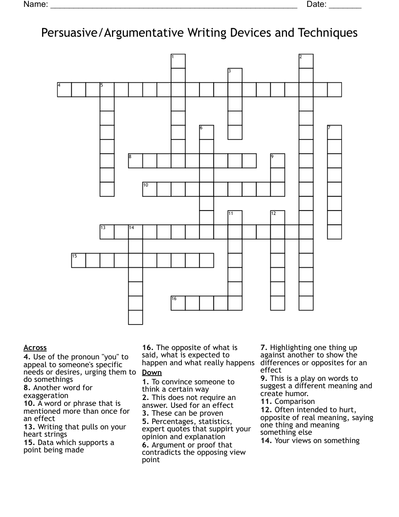 Persuasive/Argumentative Writing Devices and Techniques Crossword