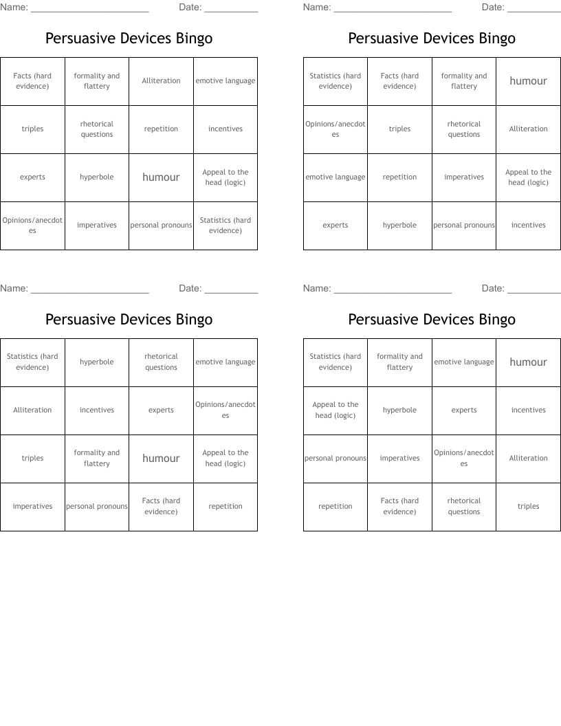 Persuasive Devices Bingo