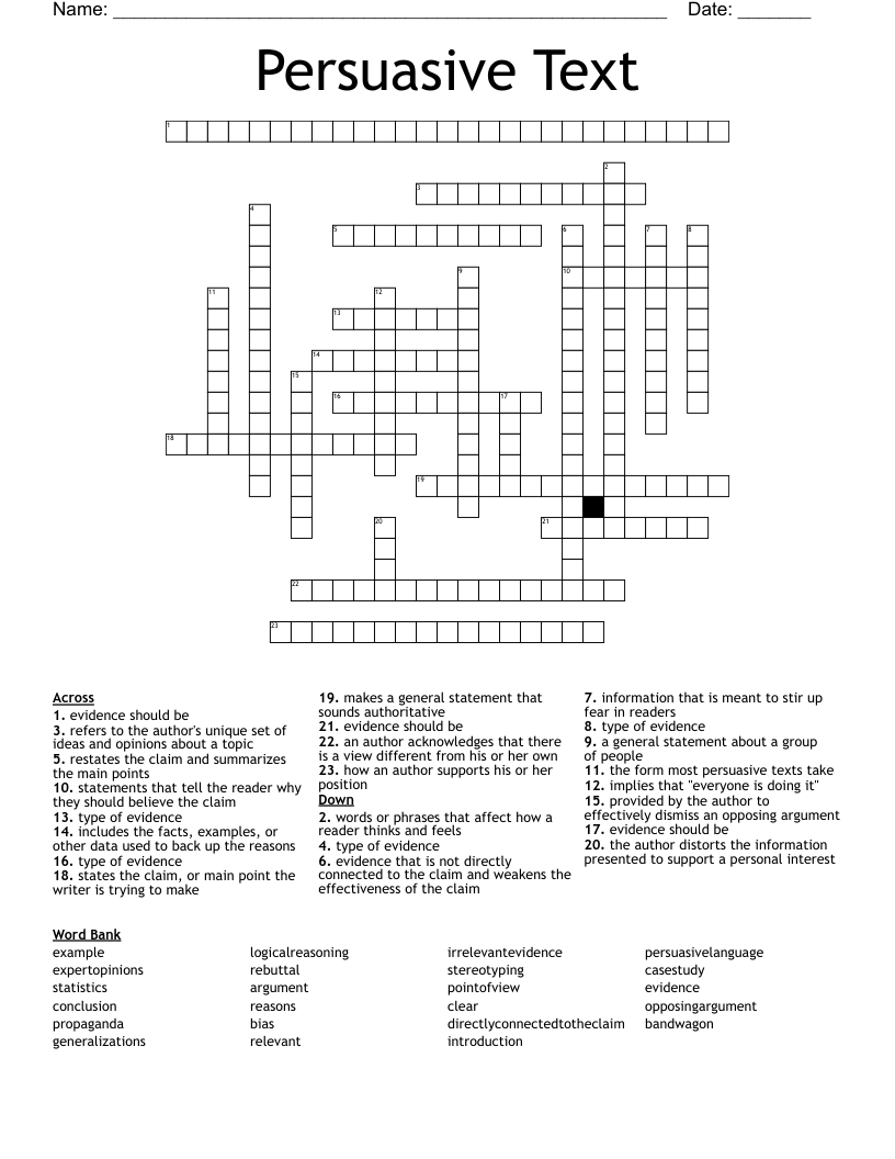 Persuasive Text Crossword