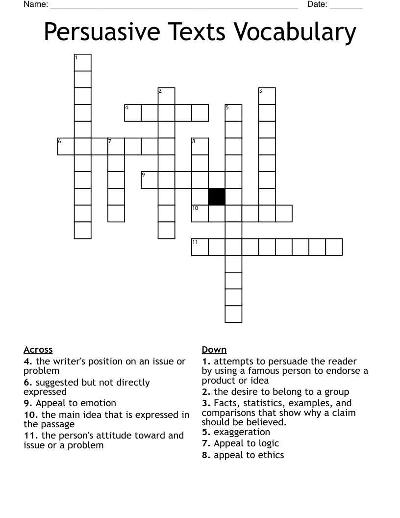 Persuasive Texts Vocabulary Crossword