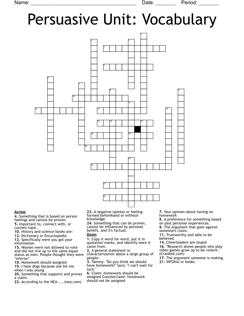 Persuasive Unit: Vocabulary  Crossword