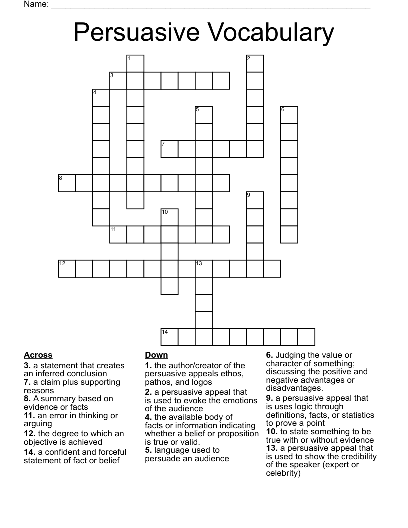 Persuasive Vocabulary Crossword