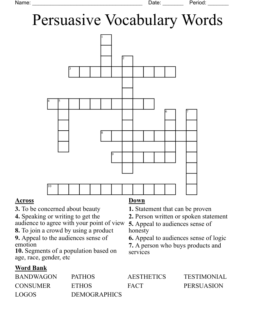 Persuasive Vocabulary Words Crossword