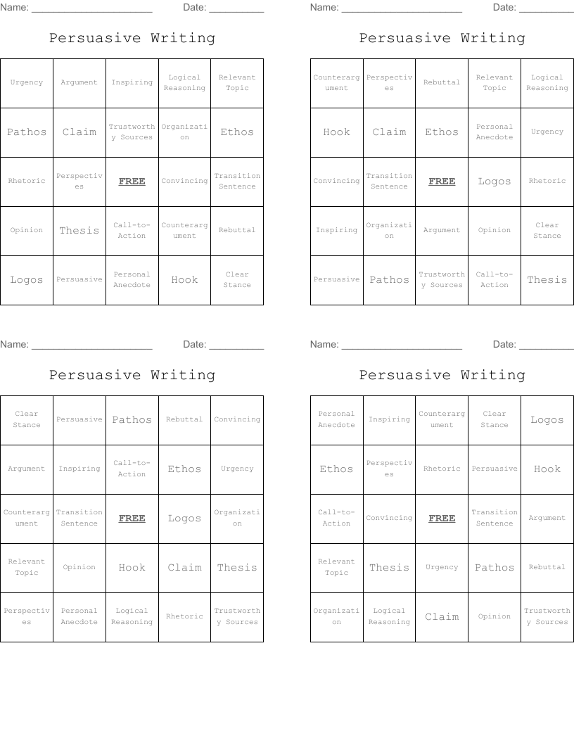 Persuasive Writing Bingo Cards