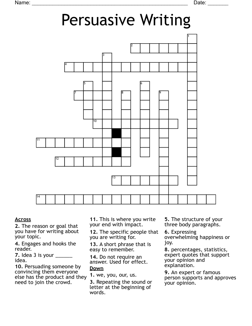 Persuasive Writing Crossword