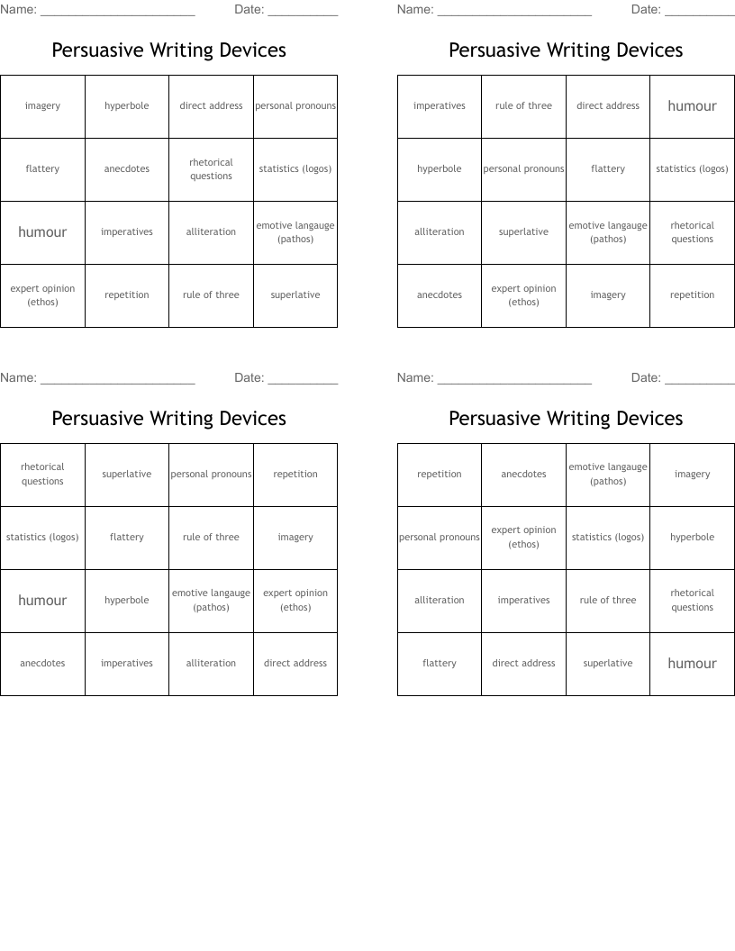 Persuasive Writing Devices Bingo Cards