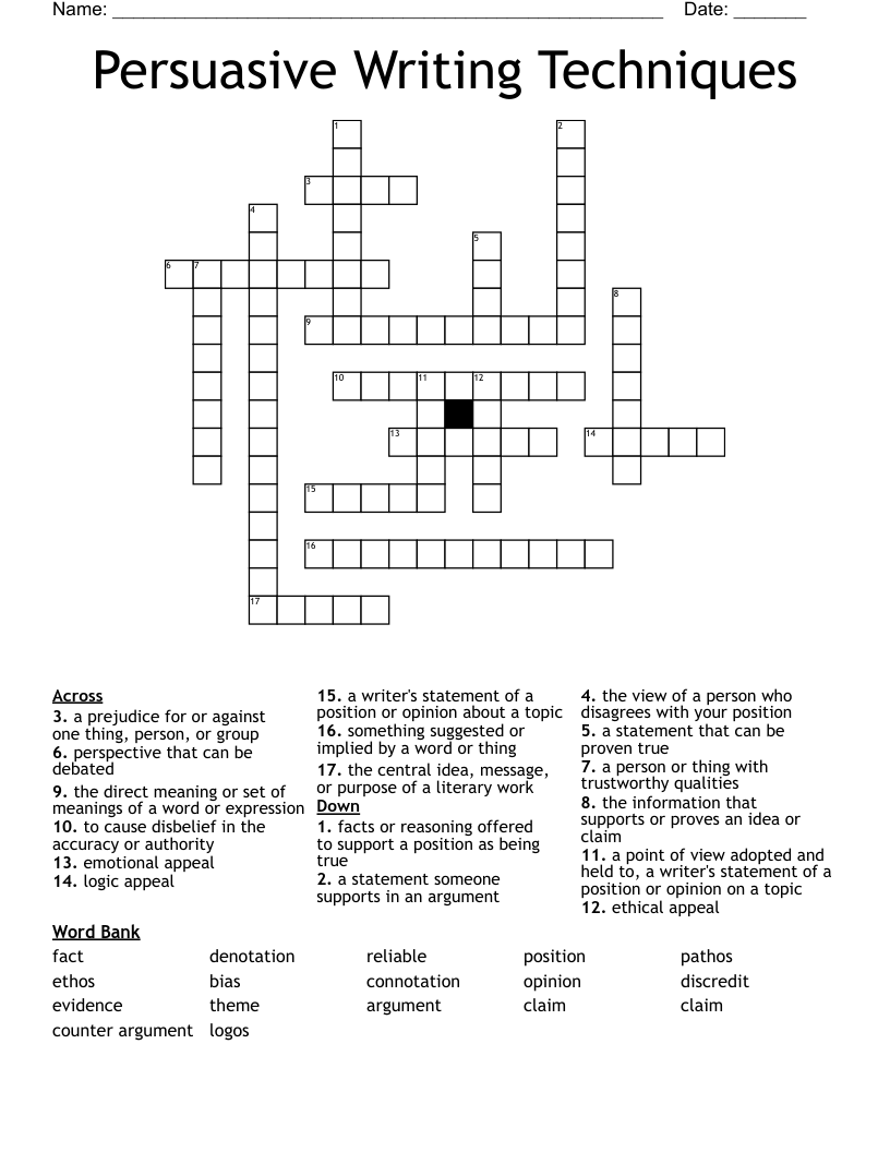 Persuasive Writing Techniques Crossword