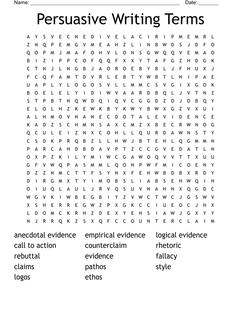 Persuasive Writing Terms Word Search
